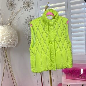 Neon Lime Puffer Vest with Crystal Chain Detailing